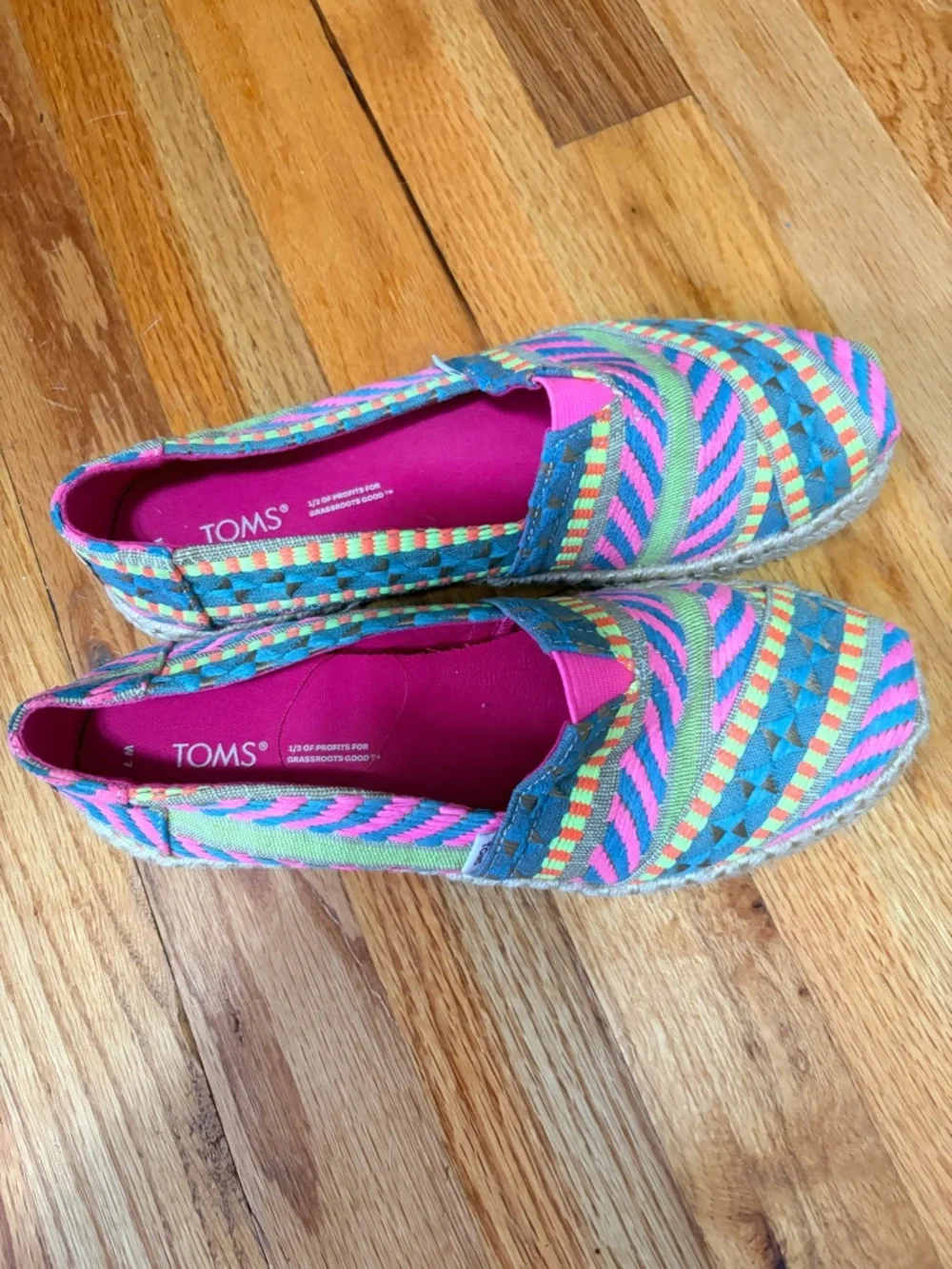 TOMS Neon Pink and Turquoise Multicolor Woven Espadrilles